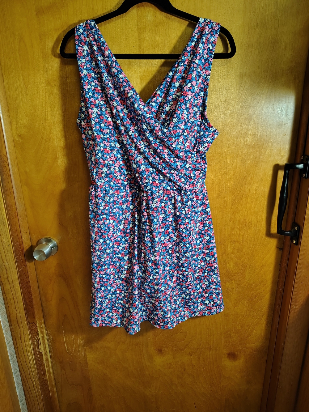 Lands' End Floral V-Neck Mini Dress in Navy and Pink